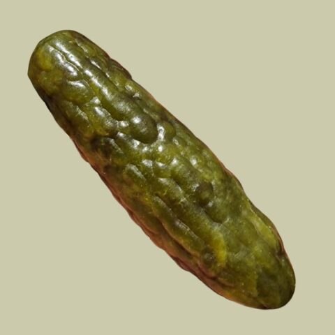 Szerpentin ásvány uborka figura 10 x 2,6 cm-es méretben, olívazöld és sárgászöld árnyalatú faragott ásvány dekoráció.